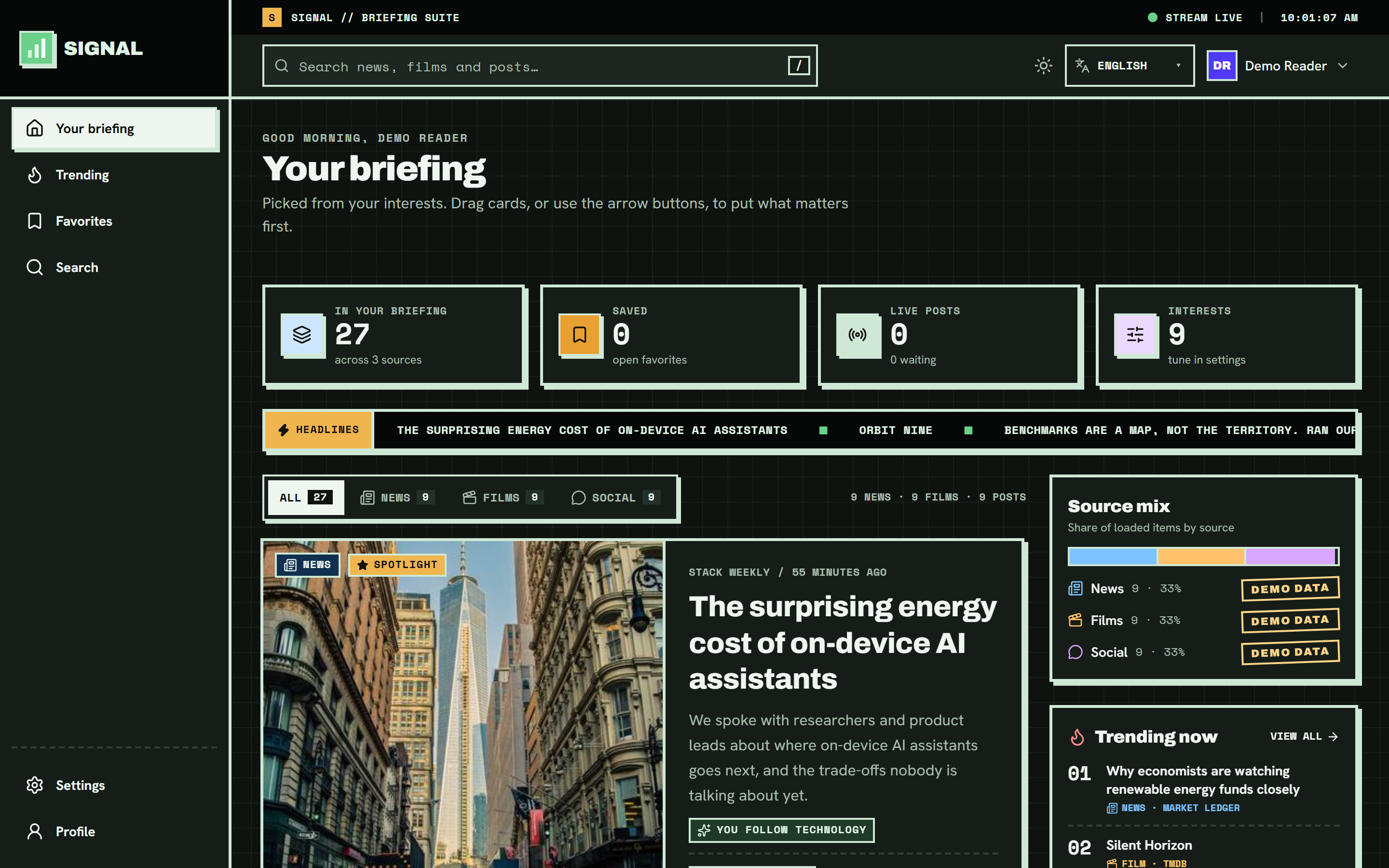Screenshot of the Signal dashboard with KPI tiles, a headline ticker, a spotlight card and the source mix panel