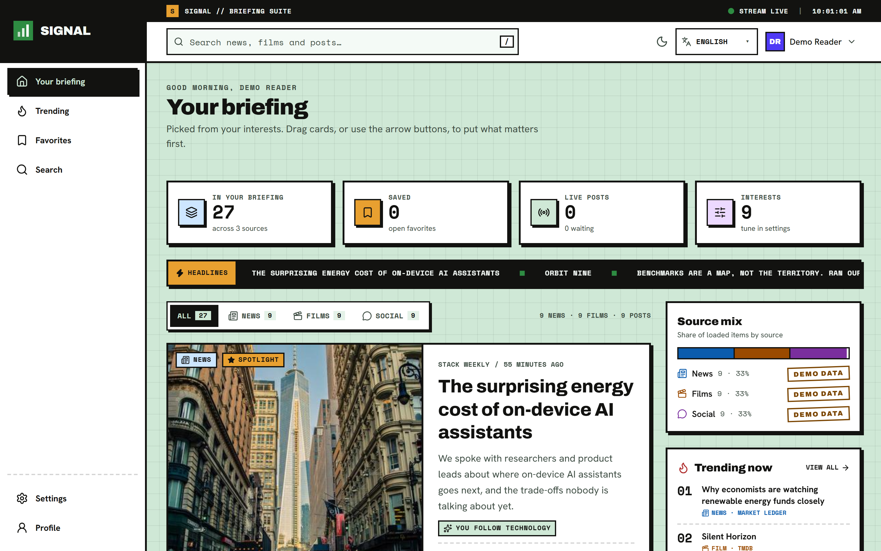 Screenshot of the Signal dashboard with KPI tiles, a headline ticker, a spotlight card and the source mix panel